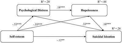 Relationship between self-esteem and suicidal ideation before and during COVID-19 in a non-clinical sample: mediating effects of psychological distress and hopelessness